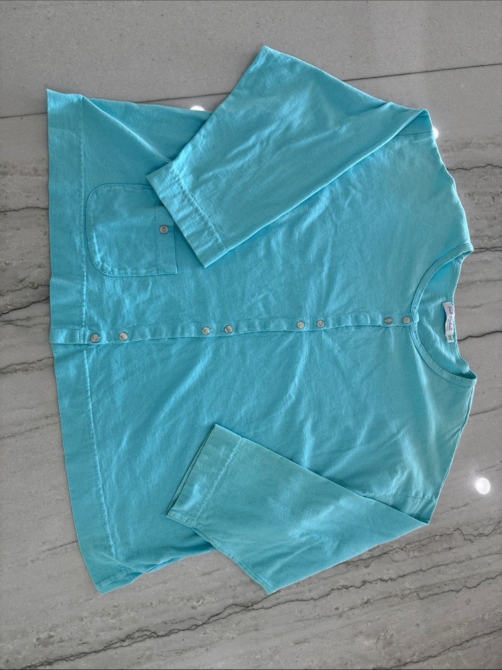 fresh produce Turquoise Button-Front Lightweight Crewneck Pullover